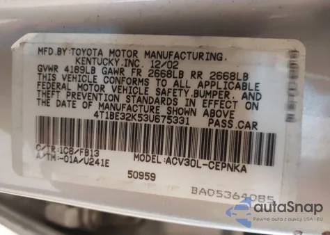 2003 Toyota Camry Le z USA, uszkodzony, nr VIN 4T1BE32K53U675331